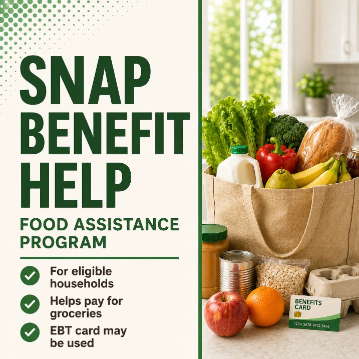 SNAP food assistance graphic featuring groceries, an EBT benefits card, and eligibility information.