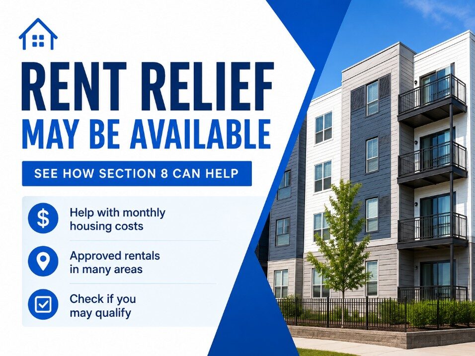 Section 8 rent relief graphic with modern apartment building and housing assistance information.